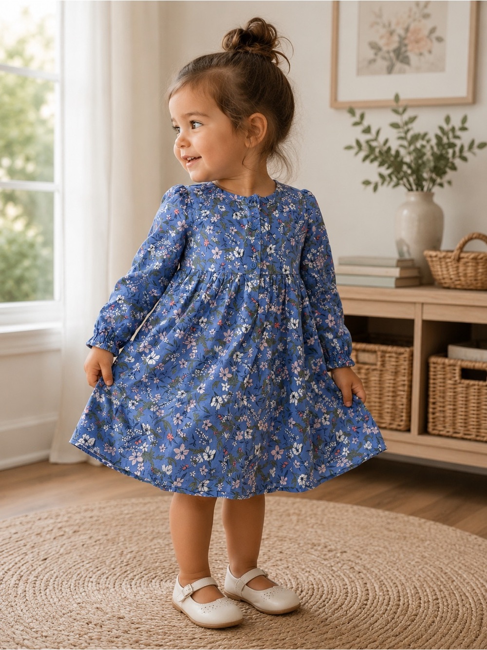OshKosh B'gosh Blue Floral Long-Sleeve 5T Kids 100% Cotton Dress